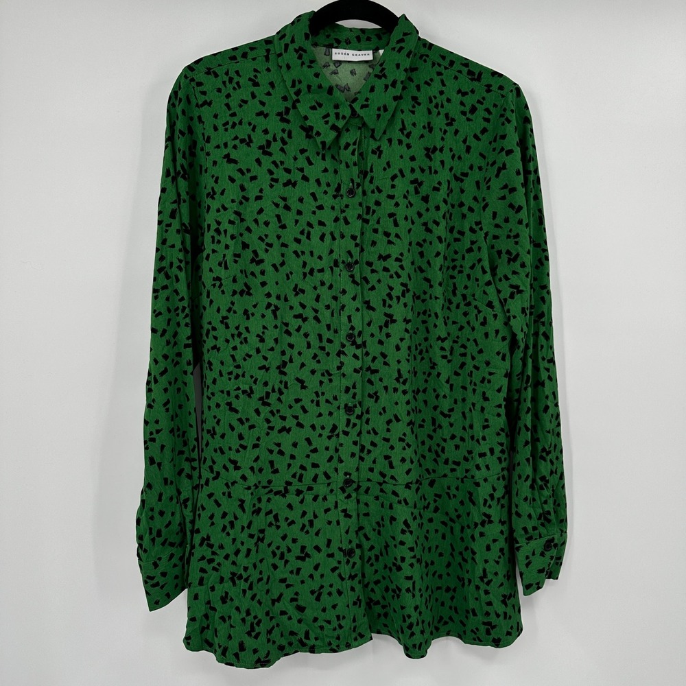 Susan Graver Green Black Abstract Brushstroke Button Down Tunic Top Medium